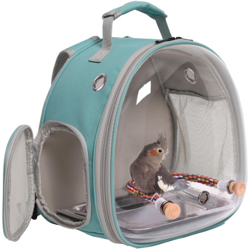 Bird Carrier Backpack, Space Capsule Astronaut Bird Clear Bubble Travel Cage Backpack for Parakeet Cockatiel Conure Small Birds, Includes Stainless Steel Tray and Rope Standing Perch - Medium Green