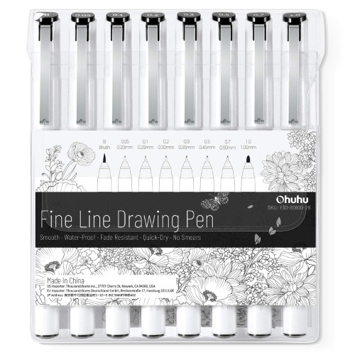 Fineliner Drawing Pen, Ohuhu Set of 8 Pack Ultra Fine Line Drawing Markers, 8 Assorted Tip Sizes, 7 Fine Tip Markers with a Brush Tip, Black Ink for Markers Painting, Card Writing
