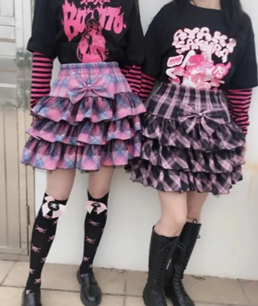 Pink Plaid Mini Skirt Kawaii Lolita Bow Ruffles Harajuku Ball Gown Cake Skirt  | eBay