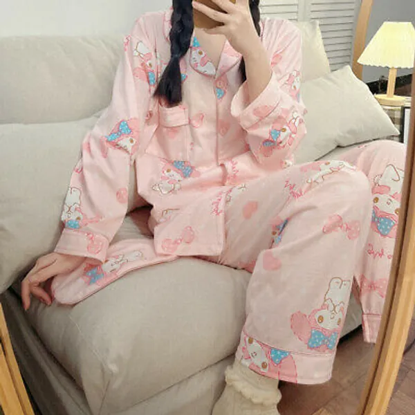 My Melody Kawaii Pink Pajamas Set Women Cartoon Sleepwear Coat Trousers Homewear  | eBay