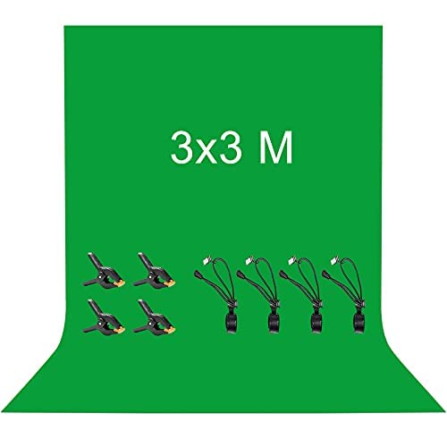 3 x 3M Toile de Fond Vert, Vevelux Green Screen avec 8 Clips Anti-Plis, 100% Polyester Fond Vert Pliable Lavable Durable pour Photographie, Vidéo, Camera, Photo, Prise de Vue Vidéo - 3X3M - VERT
