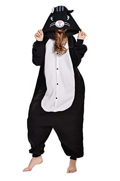 NEWCOSPLAY Animal Onesie Adult Pajamas Plush One Piece Cosplay Costume - Large - Black Cat