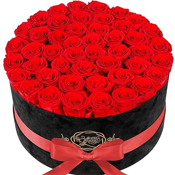 Forever Real Roses in Suede Box - 47-Piece Roses in a Box - Luxury Preserved Roses That Last Over a Year - Valentines Day Flowers for Delivery Prime - Mothers Day, Birthday, Christmas (Red)