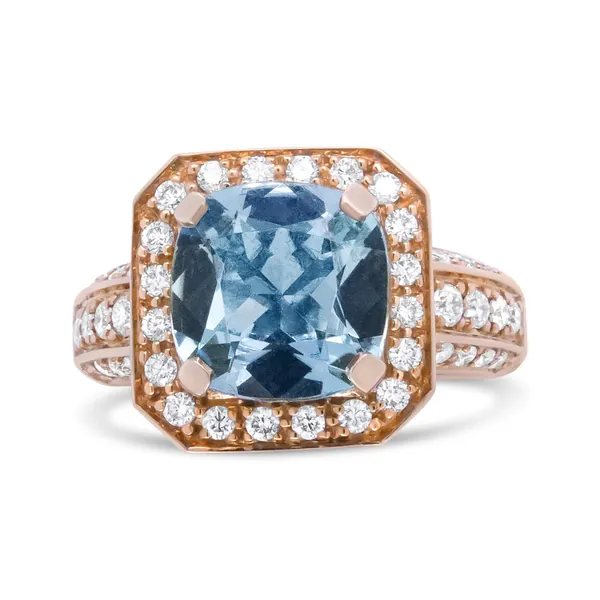 18K Rose Gold 10x10mm Cushion Shaped Aquamarine and 1 1/8 Cttw Round Diamond Halo Ring (F-G Color, VS1-VS2 Clarity)