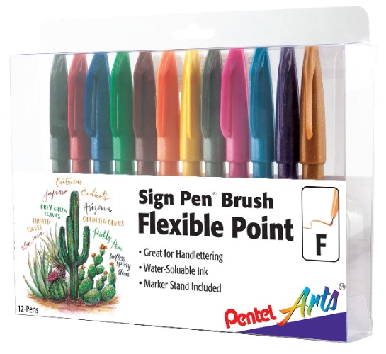 Pentel Arts Sign Pen Touch, Fude Brush Tip, 12 Assorted Colors in Marker Stand (SES15CPC12) - 12 Pack Assorted 1