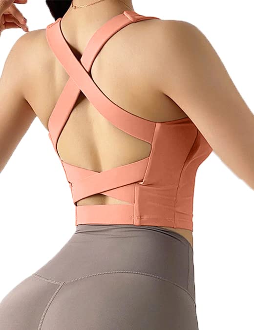 Women's Strappy Sports Bra Criss Cross Back Crop Tank Top Padded Fitness Workout Tops Longline Yoga Bras - Coral Sports Bra X-Large