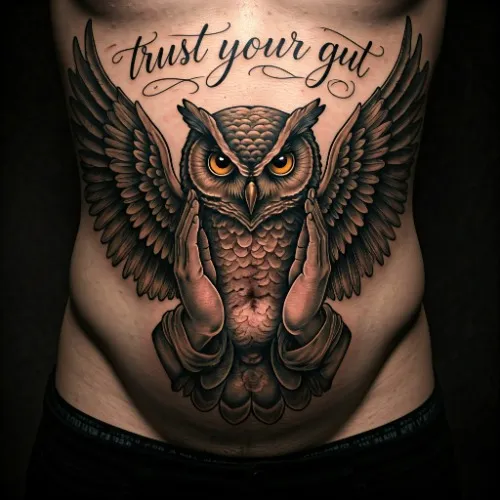 Owl + Trust gut tattoo