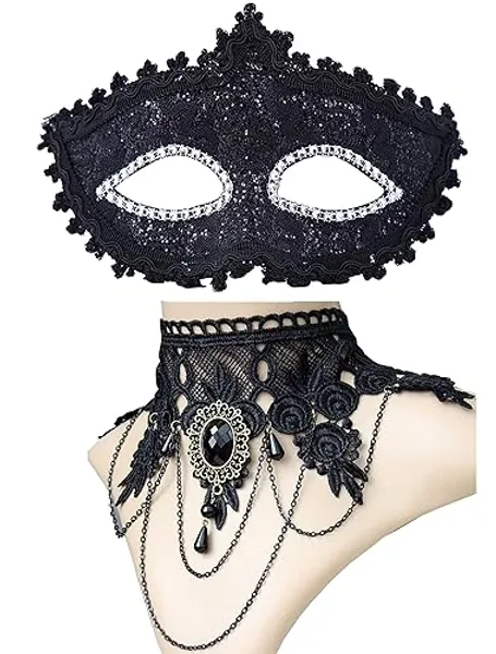 Black Venetian Mask Masquerade Mask with Elegant Vintage Princess Lace Gothic Necklace Pack of 2