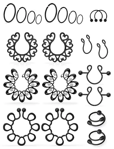 SCERRING Fake Nipple Ring Stainless Steel Non-Piercing Nipple Rings Clip On Nipplerings Faux Body Piercing Jewelry for Women Men 11 Pairs - 11 Pairs - Black