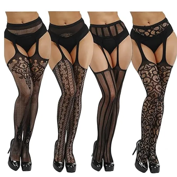 DRESHOW Fishnet Suspender Pantyhose Stockings Hight Waist Tights Thigh High Pantyhose - 4 Pack I Pantyhose