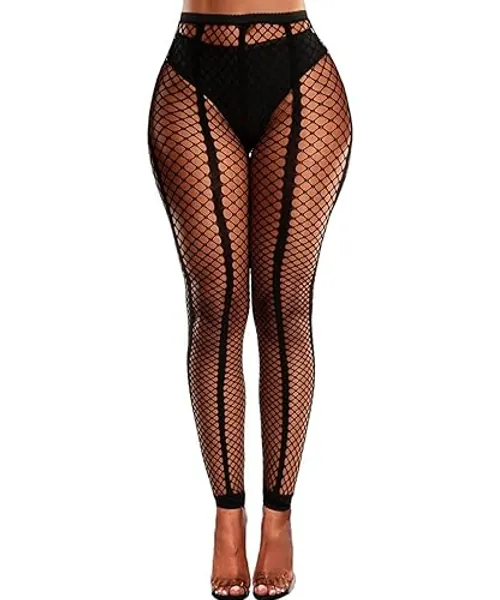 Buitifo Women Sexy Tights Fishnet Opening Leggings Stripe Pantihose Lingerie Pants - One Size - Black St1
