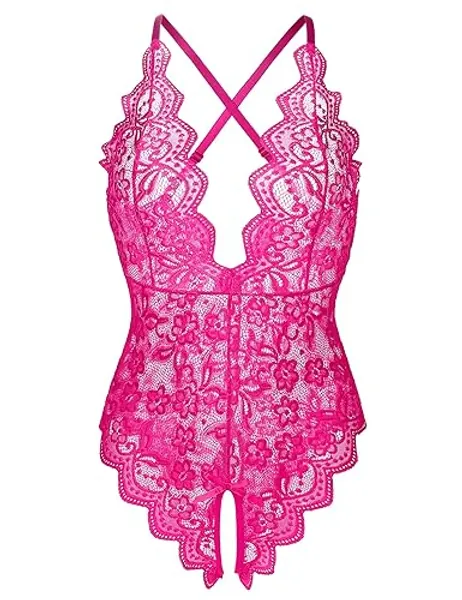 Donnalla Women's One Piece Teddy Plunging Lace Bodysuit Elegant Honeymoon Lingerie - Rose Red - X-Large