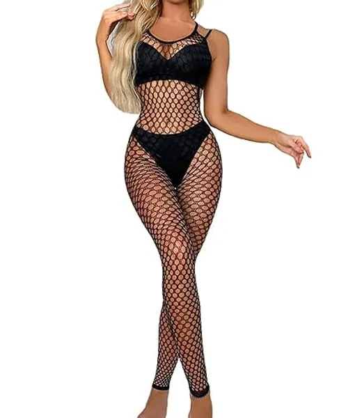 XIUSEMY Women Sexy Lingerie Full Body Bodysuits V Neck Mesh Fishnet Stockings Lingerie Nightwear - Black - One Size