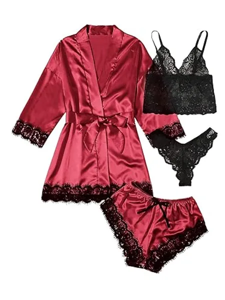 WDIRARA Women' Silk Satin Pajamas Set 4pcs Lingerie Floral Lace Cami Sleepwear with Robe - X-Large - Burgundy Black