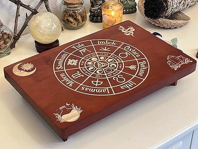 Altar Table, Meditation Table, Small Altar Table, Wooden Witch Altar, Wiccan Alter Table, Buddhist Shrine, Engraved The Wheel of The Year on Table Top, 12 × 8 inches