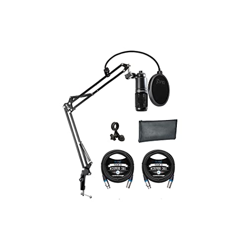blucoil Audio Technica AT2020 Cardioid Condenser Microphone for Project & Home Studio Applications Bundle Boom Arm Plus Pop Filter, and 2-Pack of 10-FT Balanced XLR Cables