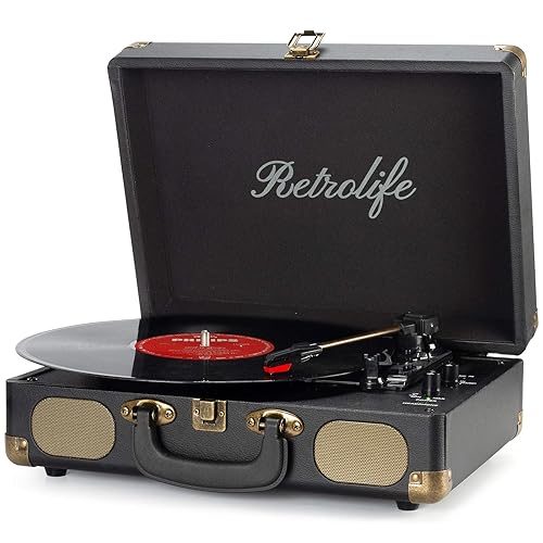 Vinyl Record Player 3-Speed Bluetooth Suitcase Portable Belt-Driven Record Player with Built-in Speakers RCA Line Out AUX in Headphone Jack Vintage Turntable - black