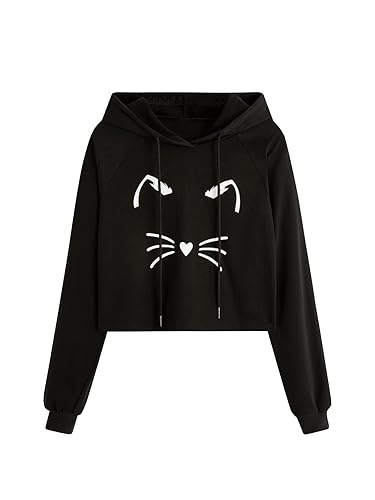 SweatyRocks Women's Long Sleeve Hoodie Crop Top Cat Print Sweatshirt - Medium - Black White Cat