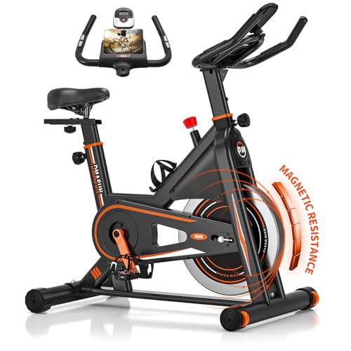 Exercise Bike, DMASUN Silent Magnetic Resistance Stationary Bike for Home with 330/350 LBS Capacity, Workout Bike with Comfortable Seat Cushion, Digital Display with Pulse - Orange - Magnetic Plus