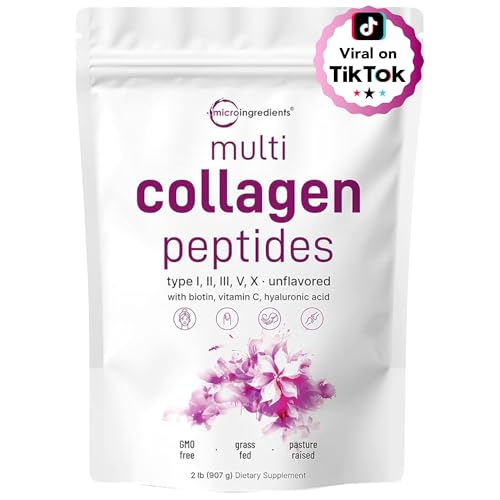Micro Ingredients Multi Collagen Protein Powder, 2 Pounds – Type I,II,III,V,X with Biotin, Hyaluronic Acid, Vitamin C – Unflavored Collagen Peptides – Keto & Paleo Friendly, Easy Dissolve, Non-GMO - Multi Collagen Peptides 2lb