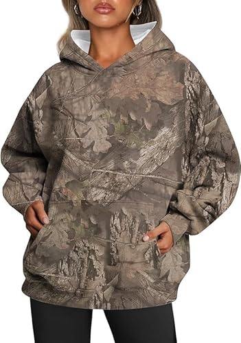 DMOYALA Women's Oversized Camouflage Maple Leaf Sweatshirt Crewneck Cotton Pullover Hoodie with Kangaroo Pocket - Women Oversized Hoodie 01 - X-Large