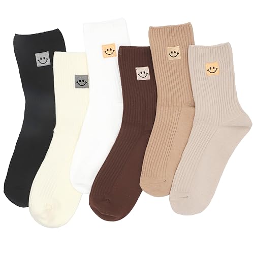 Gowpug Women's Crew Socks Casual Aesthetic Socks Cute Cotton Socks Neutral Slouchy Boot Dress Socks Women 6 Pairs - One Size - F-multicolor