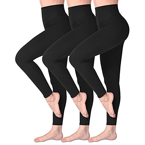 SINOPHANT High Waisted Leggings for Women, Buttery Soft Elastic Opaque Tummy Control Leggings,Plus Size Workout Gym Yoga Stretchy Pants - #3 Packs, Black/Black/Black - S-M