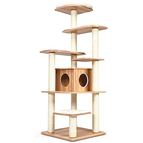COSTWAY 175cm Kratzbaum Holz, 6-stufiger Katzenkratzbaum Groß, Katzen Spielhaus mit Höhle und 5 Matten, Aktivitätsbaum Katzenmöbel Kletterbaum Katzenhaus, Katzenbaum Beige+Natur - Natur