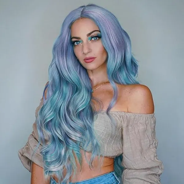 Fancy Hair Long Blue Wavy Wigs for Women Corlorful Wig Mixed Blue Green Gray Purple Color Hair Middle Part Synthetic Heat Resistant Fiber Wigs Hair for Daily Party Use (Multi Blue)