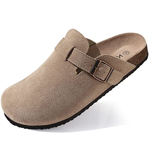 KIDMI Women's Suede Clogs Leather Mules Cork Footbed Sandals Potato Shoes with Arch Support - 9-9.5 - Taupe