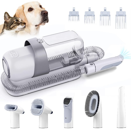 LMVVC Dog Grooming Kit Low Noise, Pet Grooming Clippers 2.3L Vacuum Suction 99% Pet Hair with 5 Tools for Dog Cat for Shedding Grooming (Grey & White) - Grey,White
