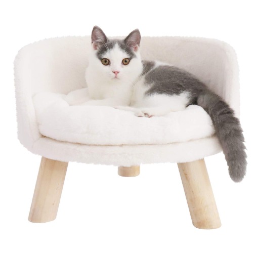 BingoPaw Cat Sofa Chair Bed: Elevated Nordic Pet Stool Bed with Removable Waterproof Mat - Raised Plush Fur Dog Kitten Couch with Wooden Legs Frame (Dia 40cm)