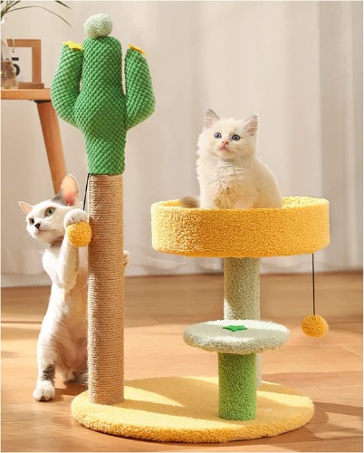 UPET Cat Tree 67cm Tall Cactus Cat Tower with Hanging Ball Scratching Posts Unique Cute Kitten Claw Scratcher Cat Tower with Soft Perche and Fully Wrapped Sisal Scratching Post for Indoor Cats Kittens