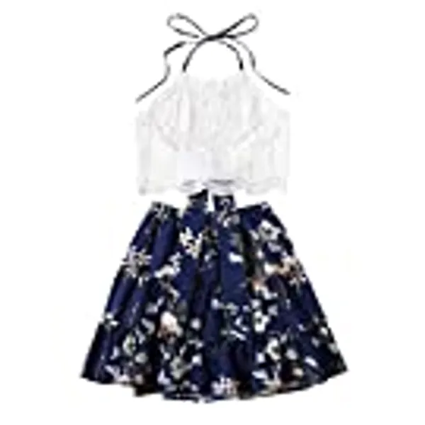 LYANER Women's 2 Piece Outfits Summer Lace Halter Cami Crop Top with Floral Mini Skirt Set