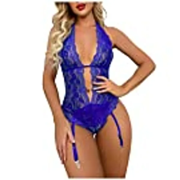 Zzalalana Sexy Lingerie for Women Deep V Neck Halter Sheer Teddy One Piece See Through Lace Bodysuit Jumpsuit with Garter