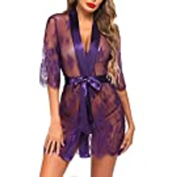 Avidlove Women Kimono Robe Floral Lace Babydoll Lingerie Sheer Mesh Nightgown