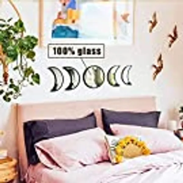 Glass Moon Phase Mirror Set, Bohemian Wall Mirror, Never Distorted Boho Wall Hanging Moon Mirror Wall Decor, Scandinavian Natural Room Decoration for Living Room, Bedroom, Apartment, Punchless
