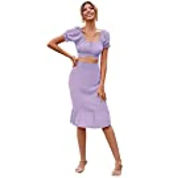 LYANER Women's 2 Piece Outfits Floral Self Tie Knot Crop Top and Midi Skirt Set