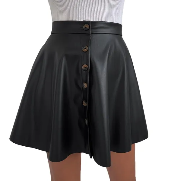 RAMISU Women's Faux Leather Pleated Skirt High Waist Button Up Stretchy Flared Casual Mini Skater Skirt