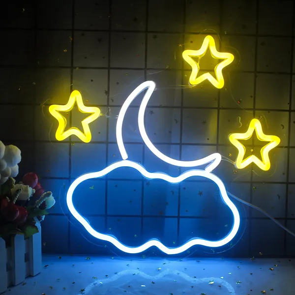 Decorative Moon Cloud And Star Neon Signs Led Wall Night Lights USB Hanging Neon Sign For Bedroom Kids Room Kindergarten Family Hotel Baby Kids Gift（Moon Cloud And Star）