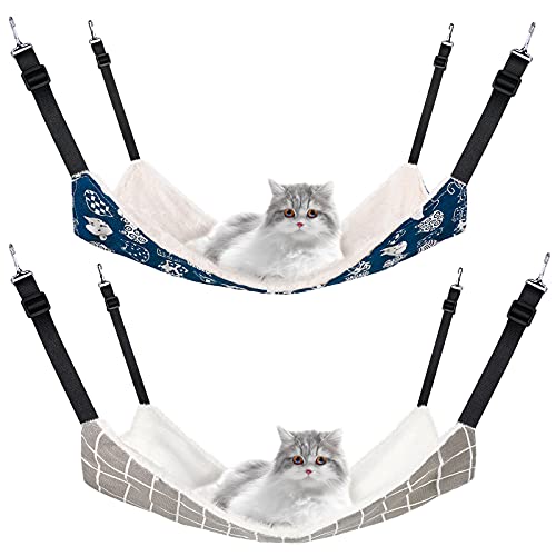 2 Pieces Reversible Cat Hanging Hammock Soft Breathable Pet Cage Hammock with Adjustable Straps and Metal Hooks Double-Sided Hanging Bed for Cats Small Dogs Rabbits, Medium - Plaid - Medium
