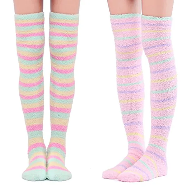 Littleforbig Cute Coral Fleece Thigh High Long Striped Socks 2 Pairs