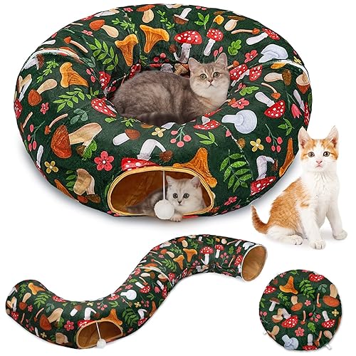 Cat Tunnel Bed, Cat Tunnels Cat Toys for Indoor Cats S-Shape Cat Tube and Cat Donut Tunnel Cave Large Cat Toys Interactive Cat Stuff Supplies - Round - Mushroom