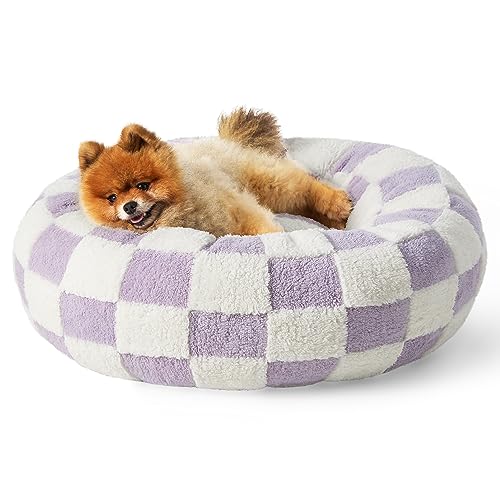 Lesure Cat Beds for Indoor Cats - Round Cat Bed Donut Small Dog Bed Calming Pet Beds, Cute Modern Beds with Jacquard Shaggy Plush & Anti Slip Bottom, 20 Inch, Purple - S (23x23x8) - Purple
