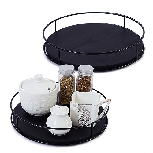 [ 2 Pack ] 9" & 10" Black Wood Lazy Susan Organizers with Steel Sides, Lazy Susan Turntable for Cabinet, Kitchen Turntable Storage for Table, Countertop, Pantry - Blcak Wood - 9" & 10"