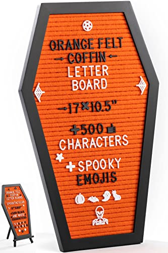 Coffin Letter Board Orange With Spooky Emojis +500 Characters, and Wooden Stand - 17x10.5 Inches - Gothic Halloween Decor Spooky Gifts Decorations - Orange