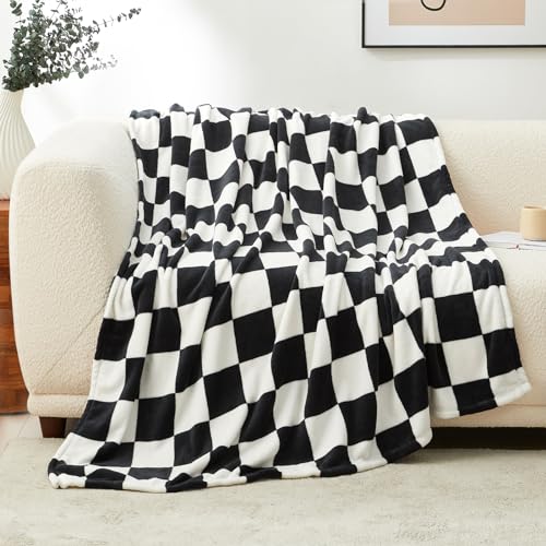 Cozy Bliss Beige Checkered Throw Blanket Ultra Soft Warm MilkyPlush™ Fleece Blanket Checkerboard Grid Plush Blanket for Couch Bed Sofa, Beige 50"x60" - Black White - Throw (50"x 60")