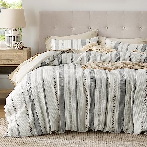 Bedsure Waffle Weave Duvet Cover Queen - 100% Cotton Boho Duvet Cover Set with 2 Pillowcases - Extra Soft Cream White Textured Comforter Cover with Zipper Closure (Queen, 90"x90")
