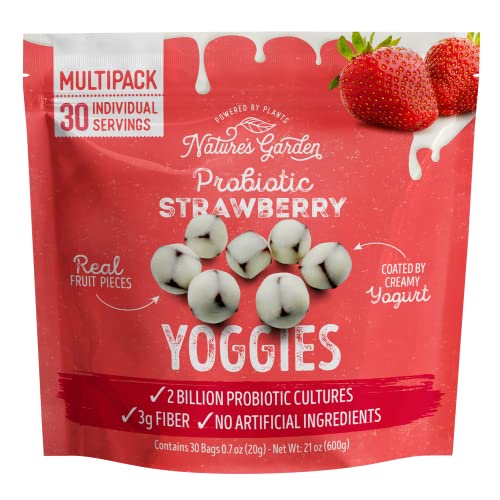 Nature's Garden Probiotic Yoggie Bites Strawberry, 21oz (30 x 0.7oz), Strawberry Yogurt Covered Snack Pack, High Fiber, Delicious Real Fruit Pieces, No Artificial Ingredients, Healthy Snack for Adults - Strawberry