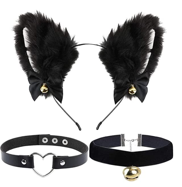 1 Piece Black Cat Ear Headband Cat Cosplay Accessories with Bells for Girls Ladies Halloween Dress Party Cosplay (Free 1 Neck Strap)